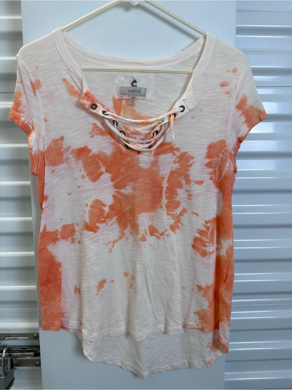 Cupio Orange Tie-Dye Lace-Up V-Neck Short Sleeve Top